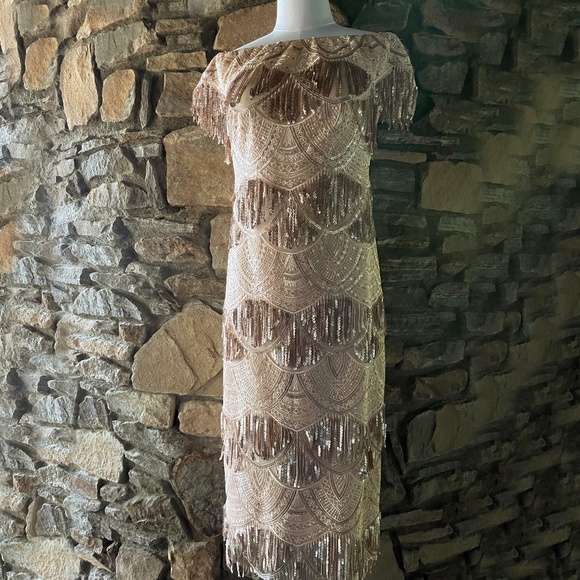 Tadashi Shoji Off-the-Shoulder Sequined Embroidered Dress - Picture 3 of 6